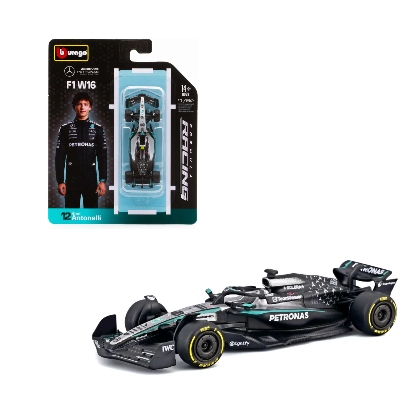 Pack Mercedes-AMG F1 W16 Bburago Escala 1:64 | George Russell #63 + Kimi Antonelli #12