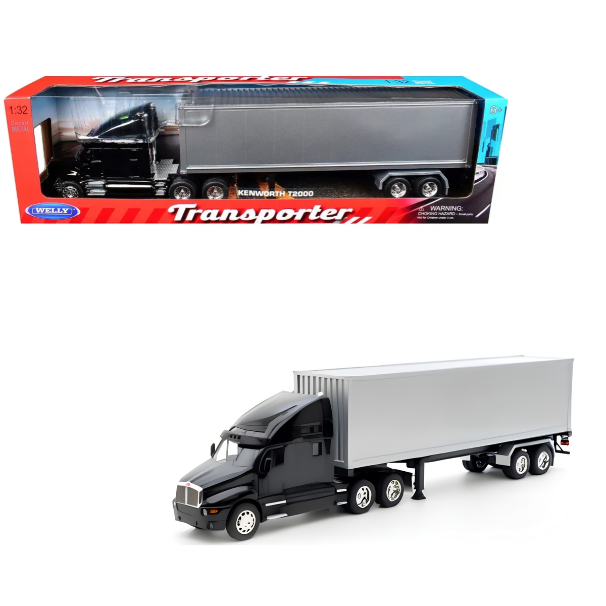 Welly Kenworth T2000 Escala 1:32 Negro con Tráiler Plateado