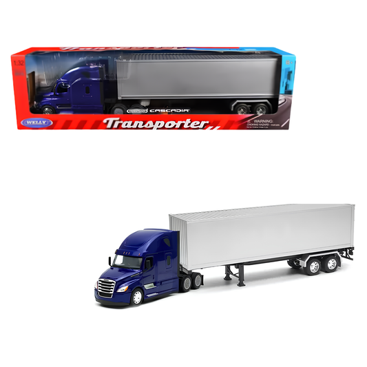 Welly Freightliner Cascadia Escala 1:32 Azul con Tráiler Plateado