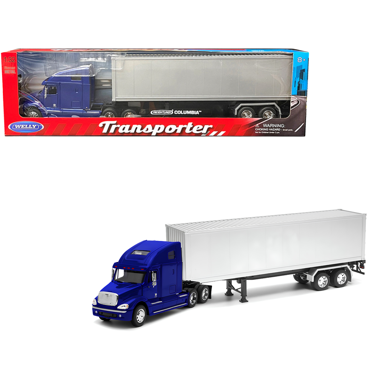 Welly Freightliner Columbia Escala 1:32 Azul con Tráiler Plateado