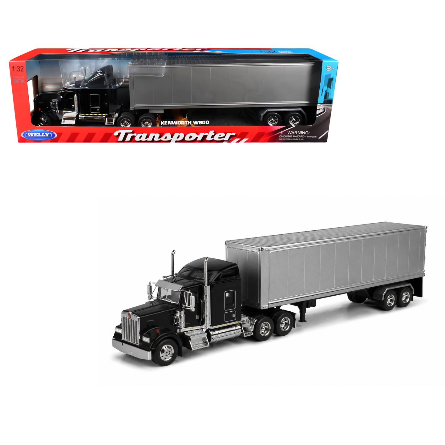 Welly Kenworth KW900 Escala 1:32 Negro con Tráiler Plateado