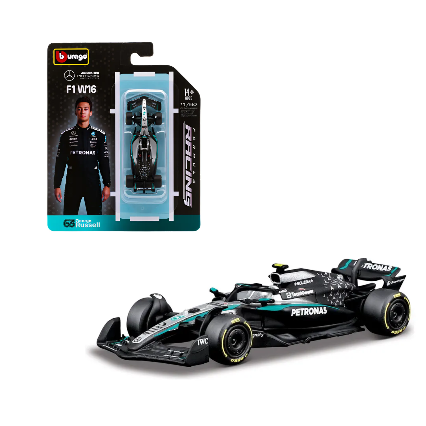 Pack Mercedes-AMG F1 W16 Bburago Escala 1:64 | George Russell #63 + Kimi Antonelli #12