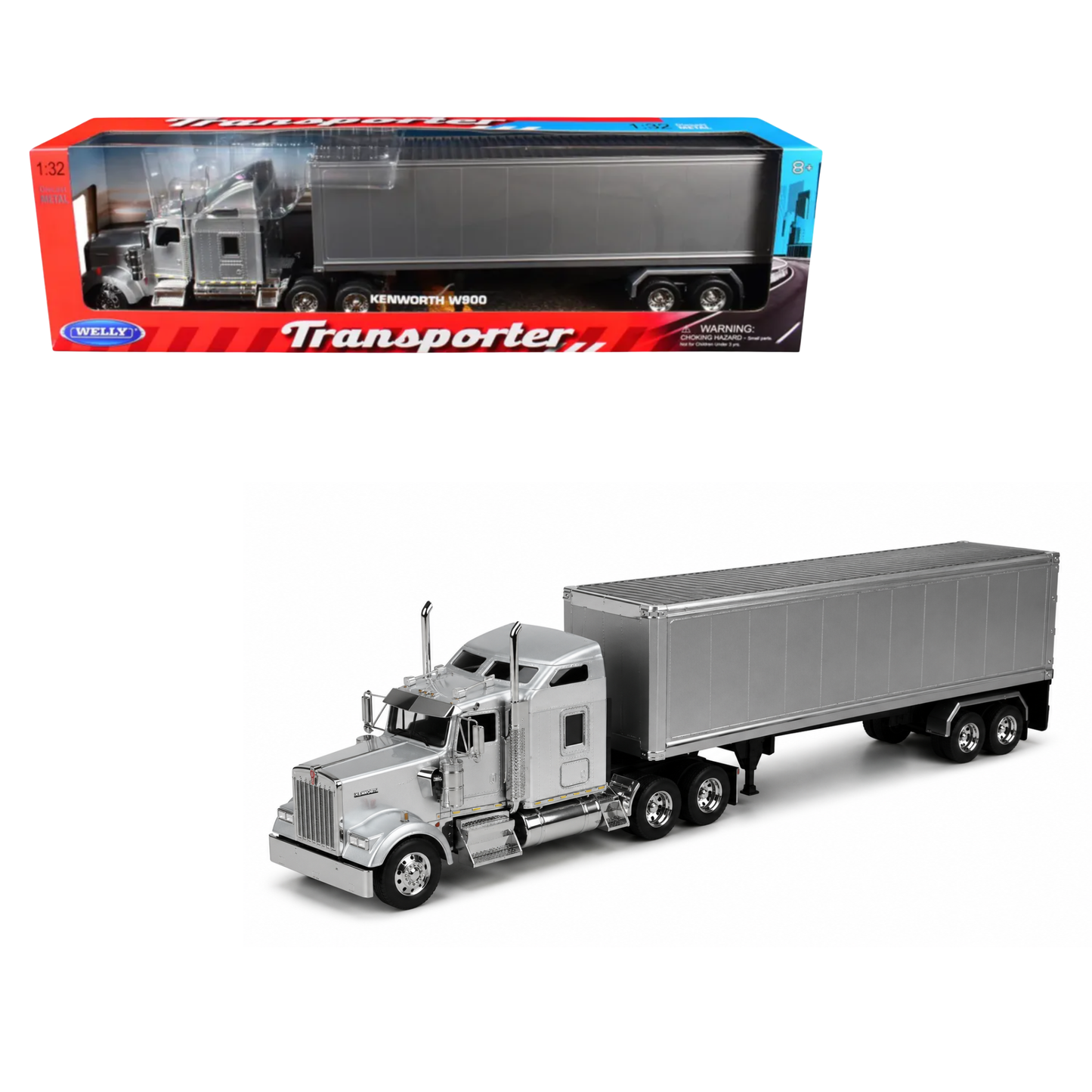 Welly Kenworth KW900 Escala 1:32 Gris con Tráiler Plateado