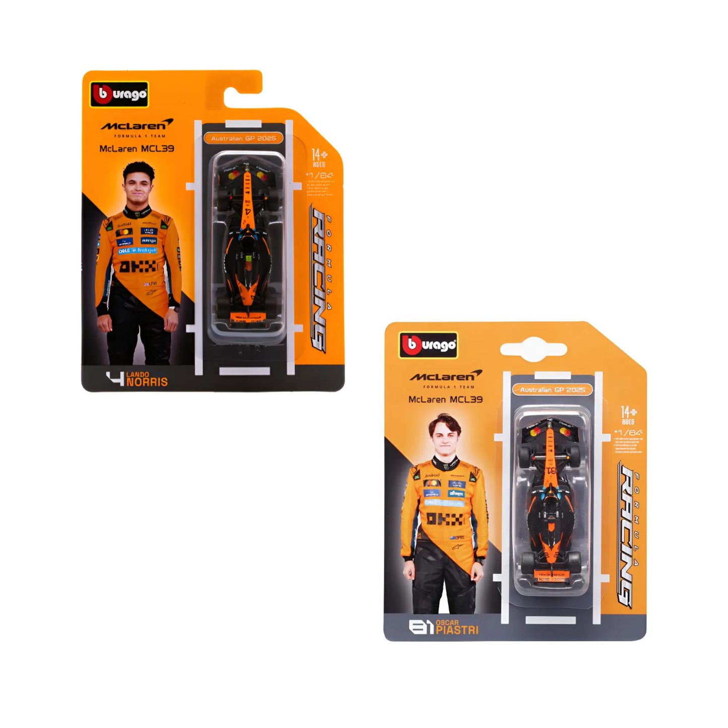 Pack McLaren MCL39 F1 2025 Bburago Escala 1:64 | Lando Norris #4 + Oscar Piastri #81