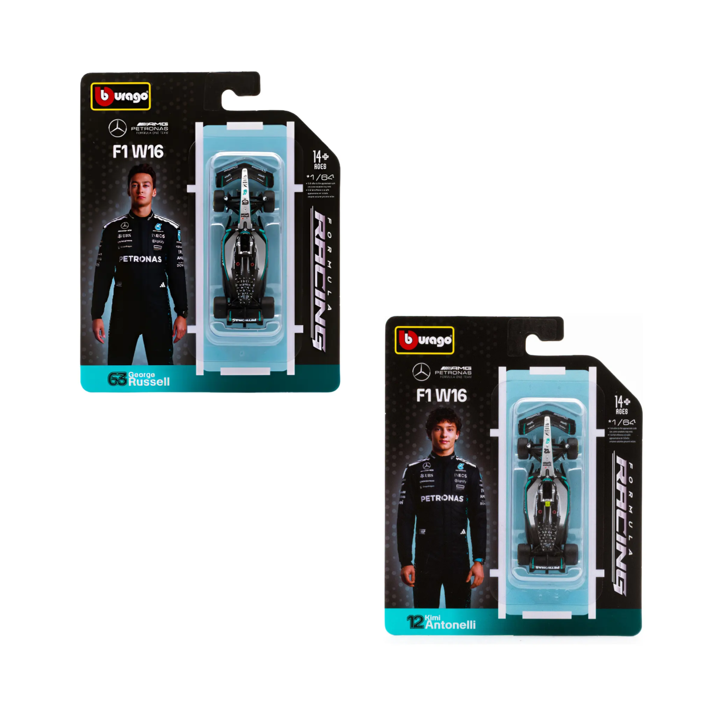 Pack Mercedes-AMG F1 W16 Bburago Escala 1:64 | George Russell #63 + Kimi Antonelli #12